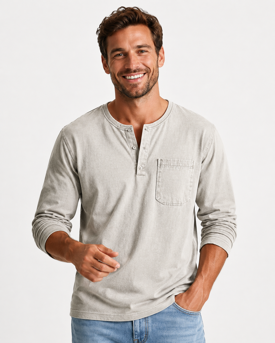 Modisches Herren Henley Langarmshirt in Dunkelblau, bequemes Oberteil für Casual-Looks und den Alltag.