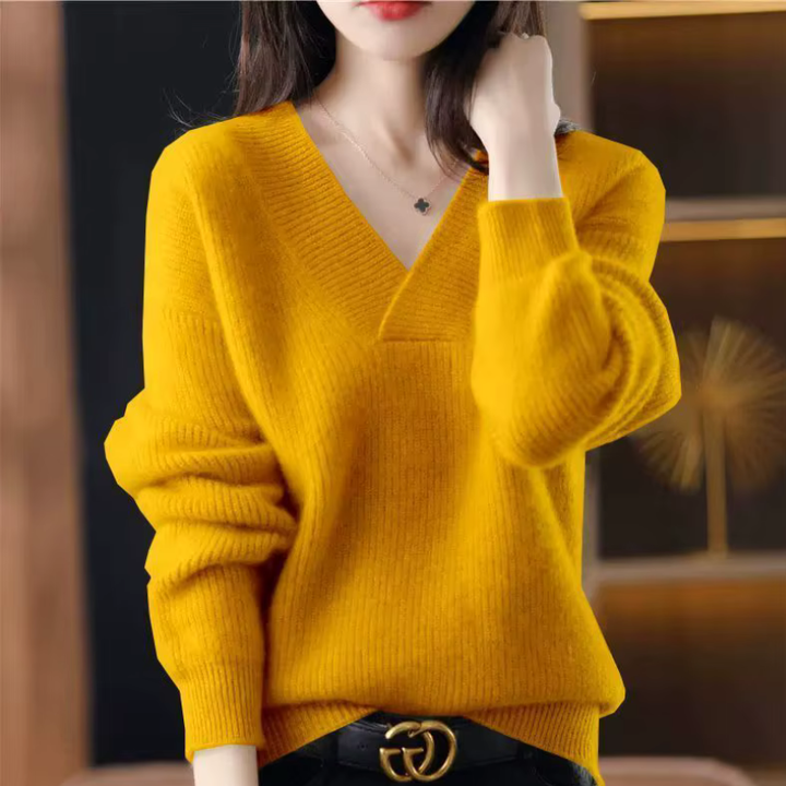 Lässiger Damen V-Ausschnitt Pullover, Rippstrick. Bequeme und lockere Passform. Ideal für den Alltag.
