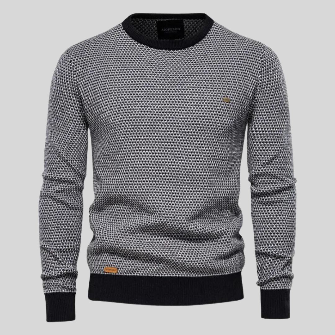 Vielseitiger grüner Herren Rundhalspullover, klassische Strickmode für den Alltag. Warmer Langarm Pullover.