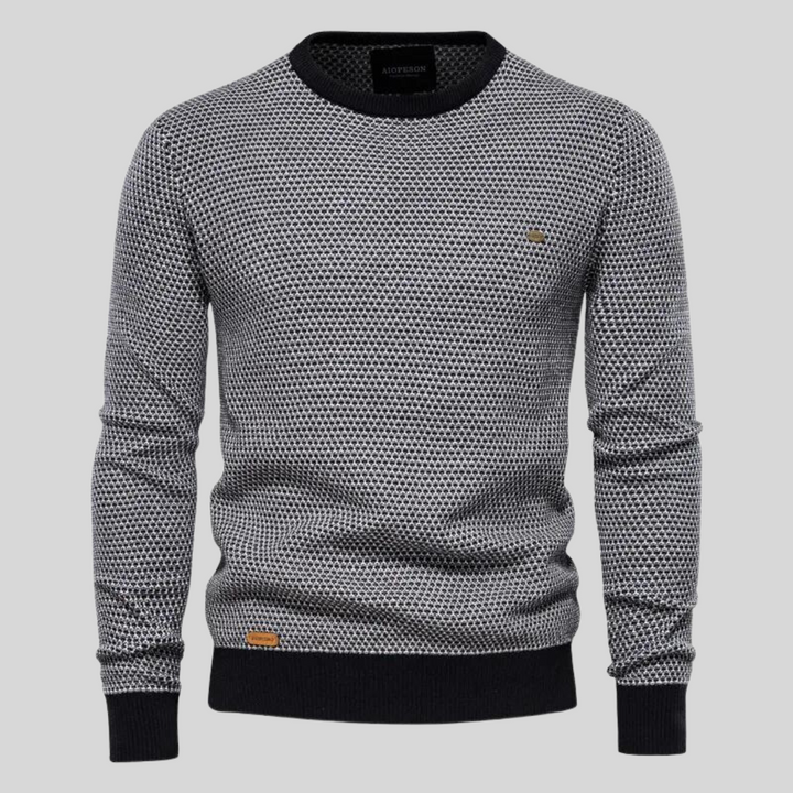 Vielseitiger grüner Herren Rundhalspullover, klassische Strickmode für den Alltag. Warmer Langarm Pullover.