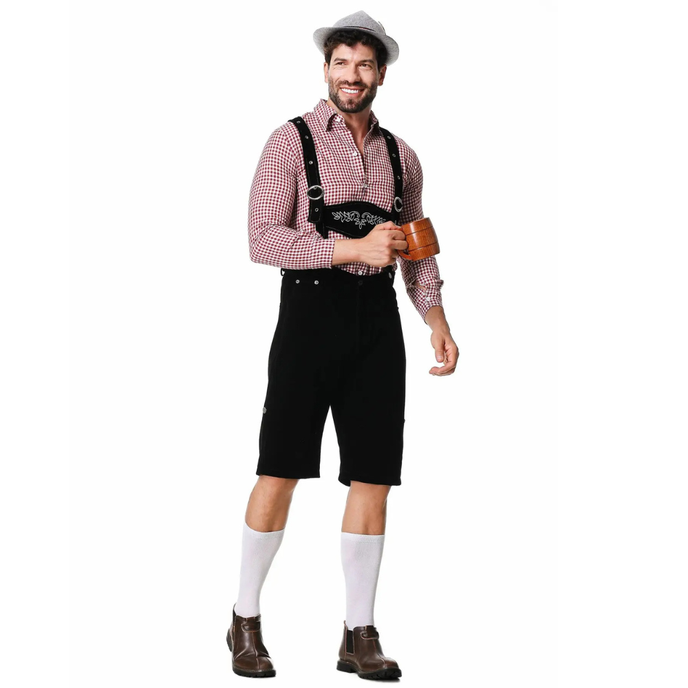 Herren Oktoberfest Lederhosen Set: Traditioneller Dreiteiler mit Hemd, Krawatte & bestickter Trachtenhose.