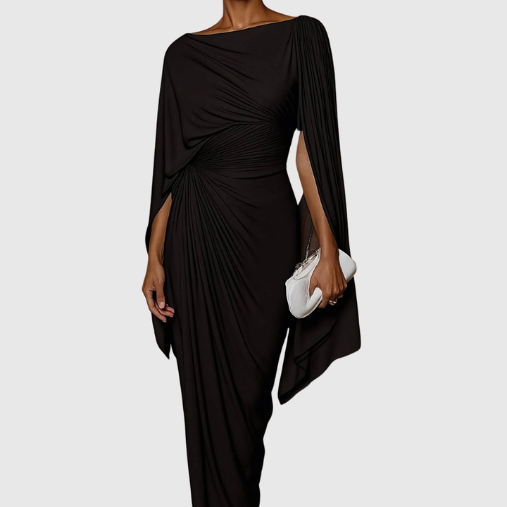 Festliches, langes Abendkleid für Damen mit einschulterigem, asymmetrischem Schnitt und drapierten Details.