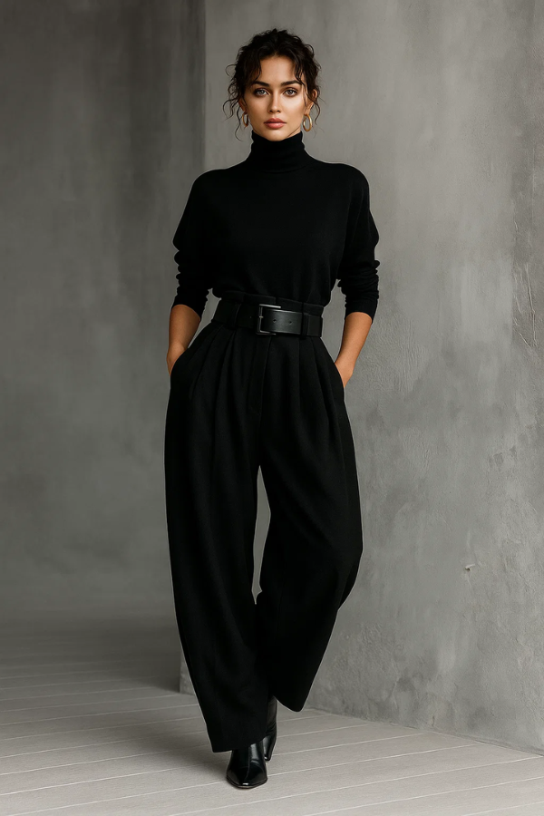 Moderner Damen Einheitslook: Grauer Jumpsuit mit Taillengürtel und weitem Bein, schmeichelnd & bequem.