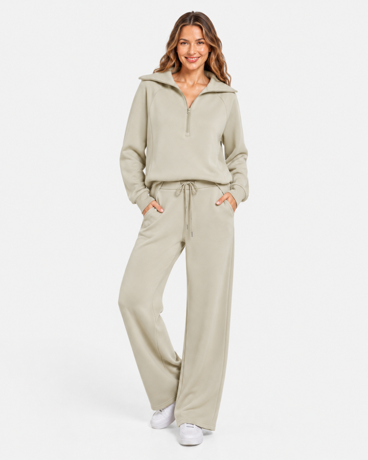 Modisches Damen Freizeit Set mit geripptem Sweatshirt und weiter Hose. Modern, elegant und super bequem.