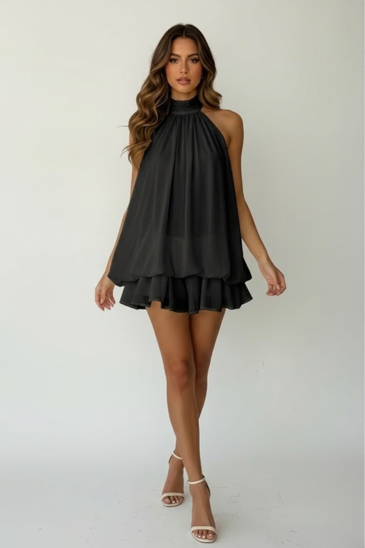 Damen Minikleid elegant: Neckholder mit Spitze, figurbetont für festliche Abende und Partys.