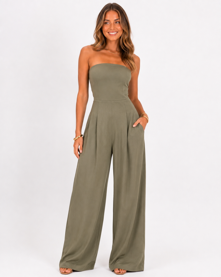 Schicker Damen Jumpsuit mit bequemem weitem Bein und elegantem Rückenausschnitt. Sommerlicher One-Piece.