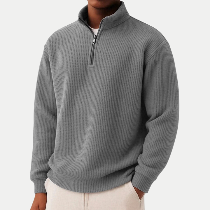 Warmer Herren Reißverschluss Pullover mit Stehkragen, perfekt für kühle Tage.