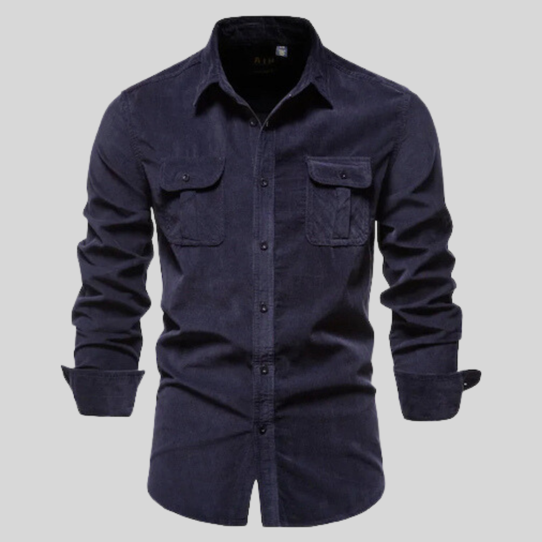 Marineblaues Herren Langarmhemd, elegant und stilvoll, ideal für entspannte oder formelle Anlässe.