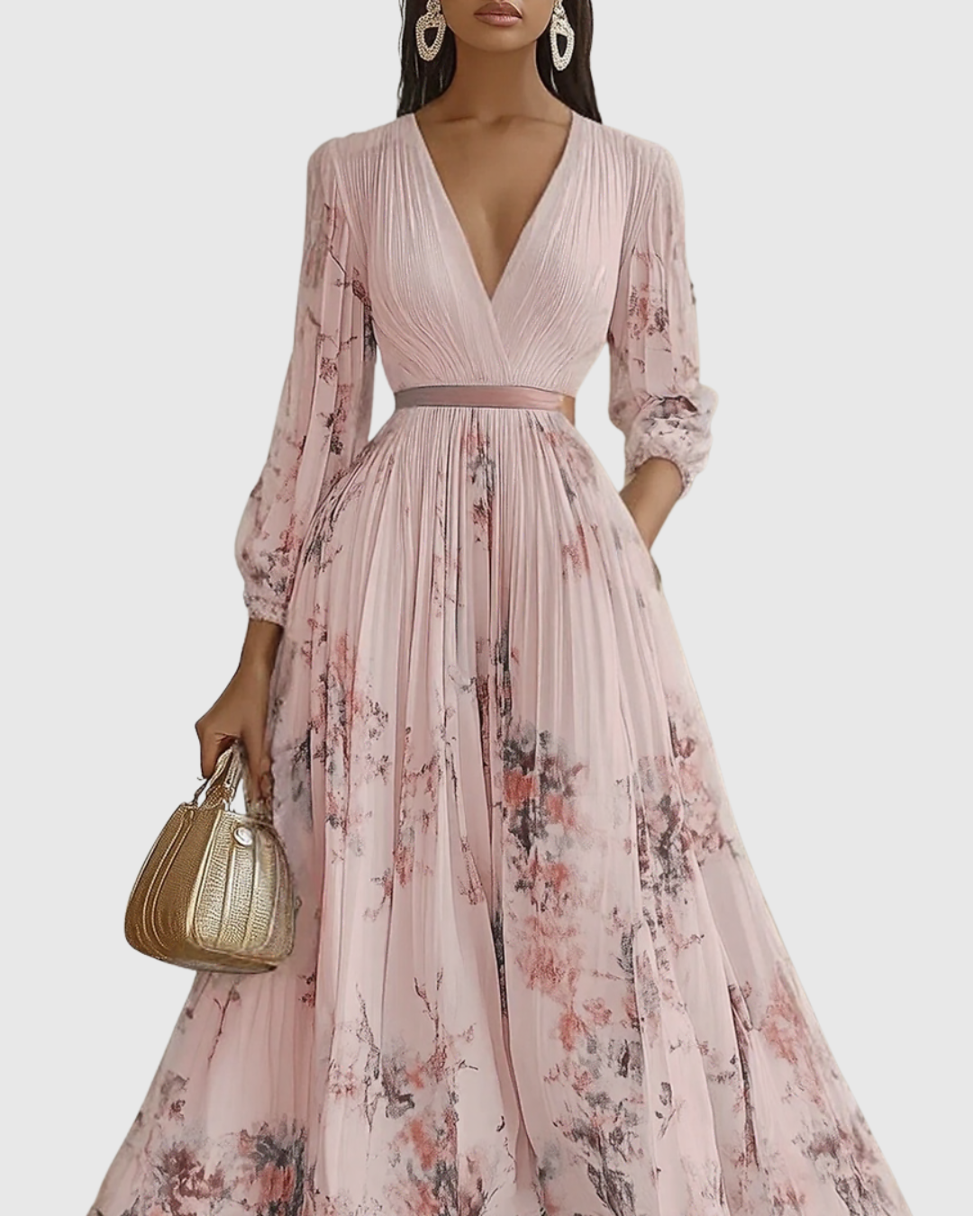 Elegantes, fließendes Damen Maxikleid mit plissiertem Rock, Langarm und femininem V-Ausschnitt.