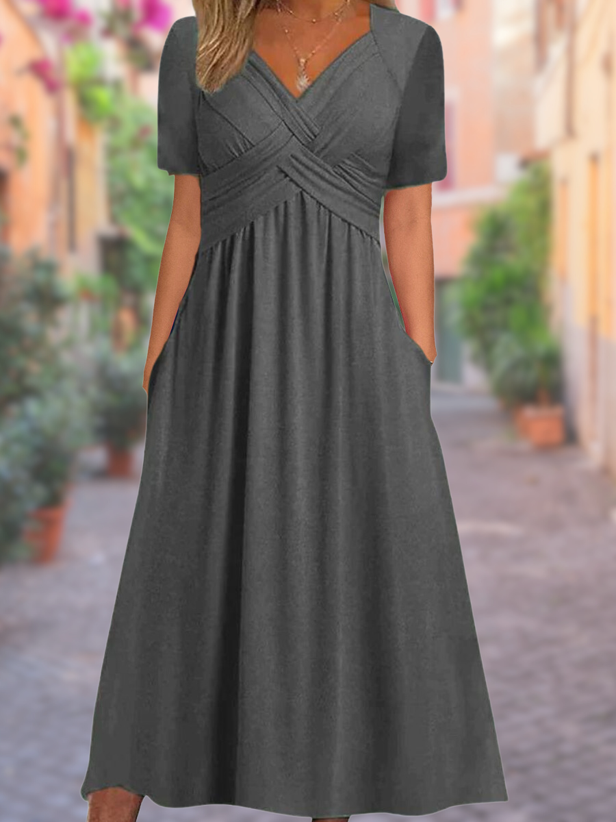 Elegantes Damen Midikleid A-Linie mit V-Ausschnitt, Kreuzrücken & praktischen Taschen; perfekt für Sommerfeste.