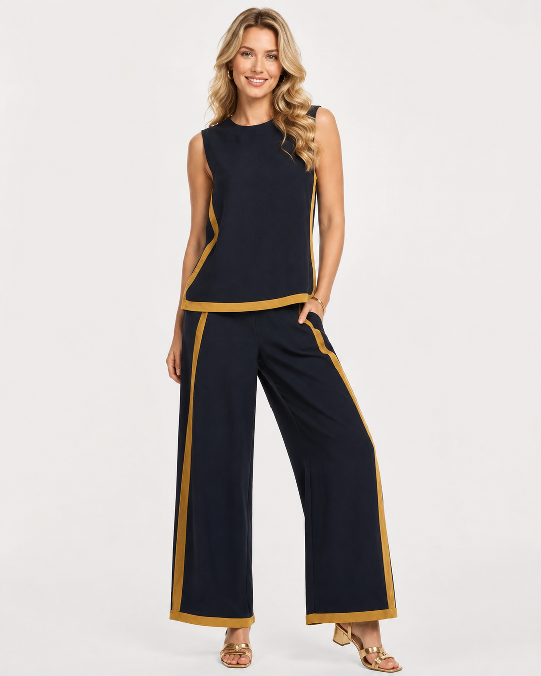 Damen Sommer Freizeit Set mit ärmellosem Oberteil und fließender, weiter Hose für Komfort und Stil.