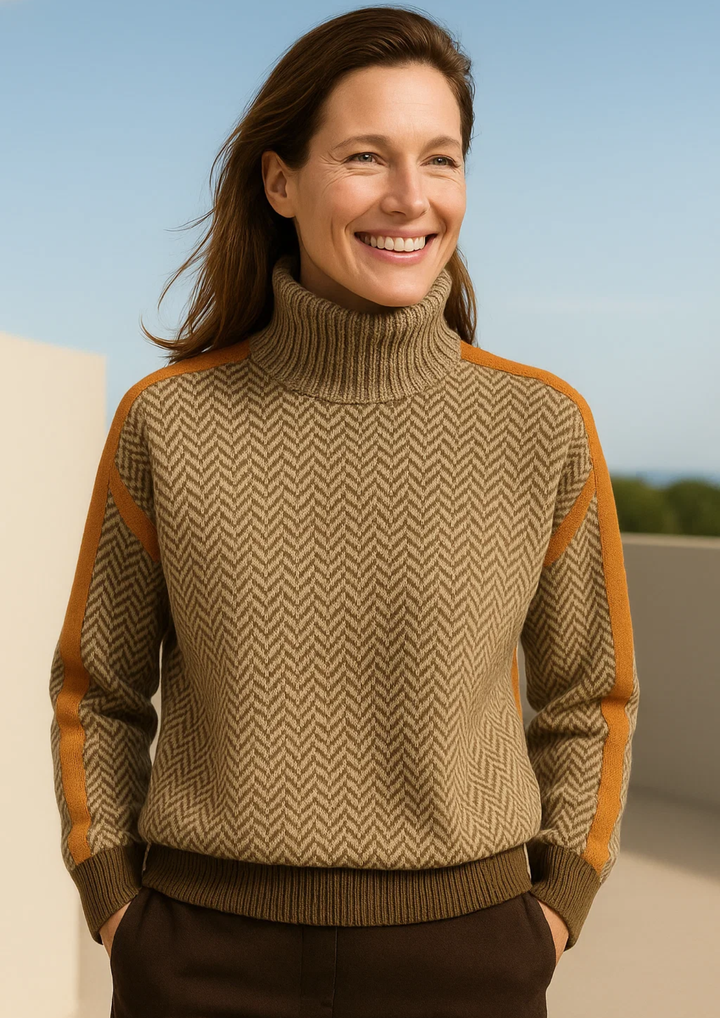 Damen Pullover mit gestreiftem Muster und elegantem Stehkragen. Moderner, bequemer Langarm-Pullover für Herbst/Winter.