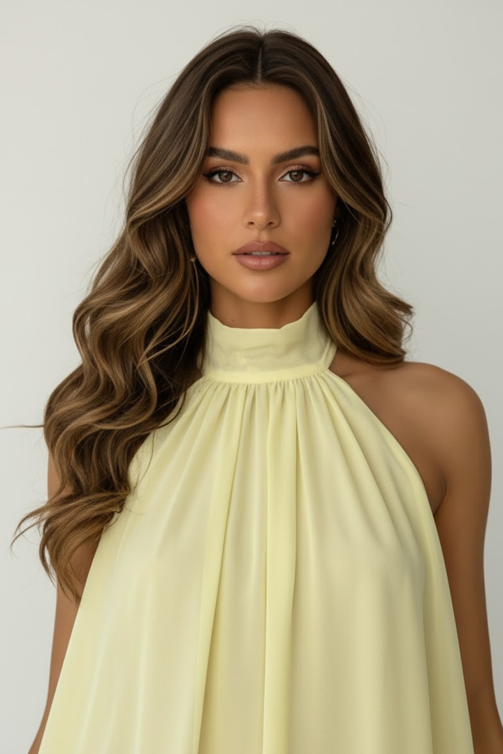 Figurbetontes Mini-Abendkleid für Damen mit elegantem Neckholder-Ausschnitt & zarter Spitzenapplikation.