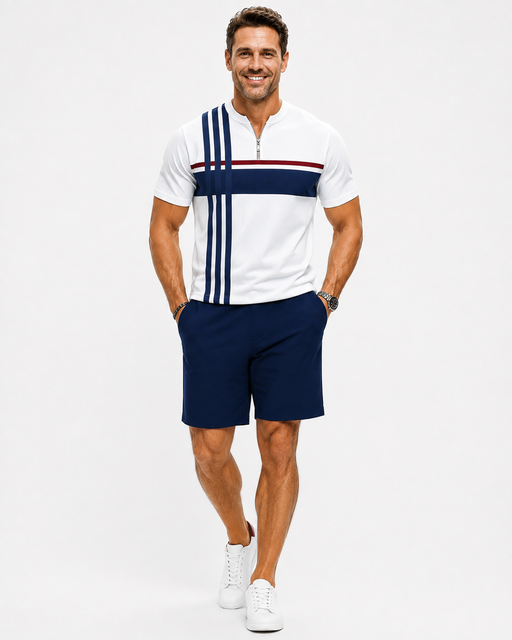 Stilvolles Herren Strick-Poloshirt dunkelblau, geometrisch gemustert, mit Reißverschlusskragen. Komfortabel.