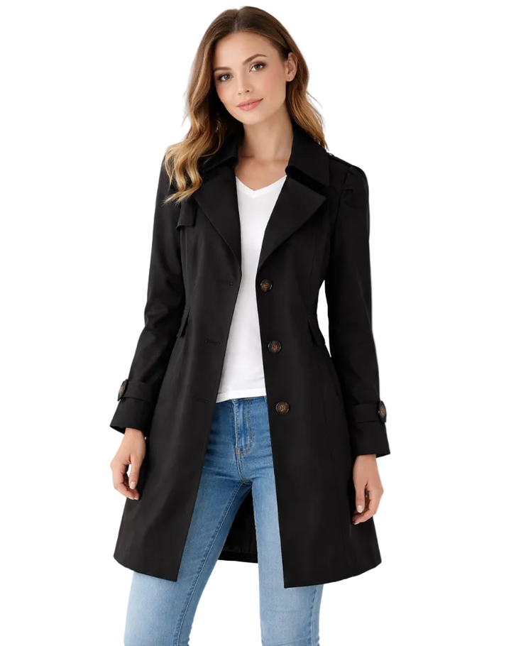 Eleganter beiger Damen Trenchcoat mit klassischem Reverskragen und taillierter Passform, ideal für Frühling/Herbst.
