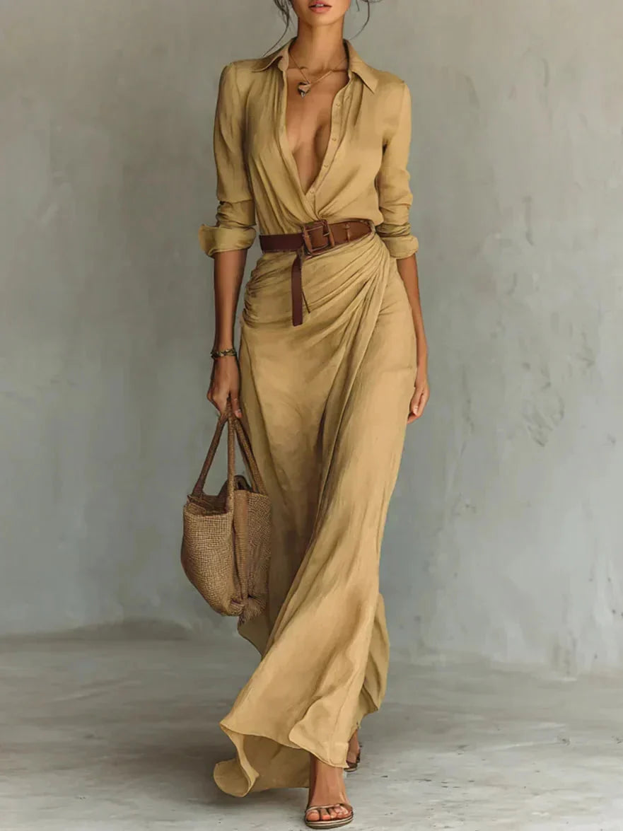 Elegantes Damen Maxi-Kleid mit Kragen, Knopfleiste und Taillengürtel, perfekt für Sommer und Urlaub.