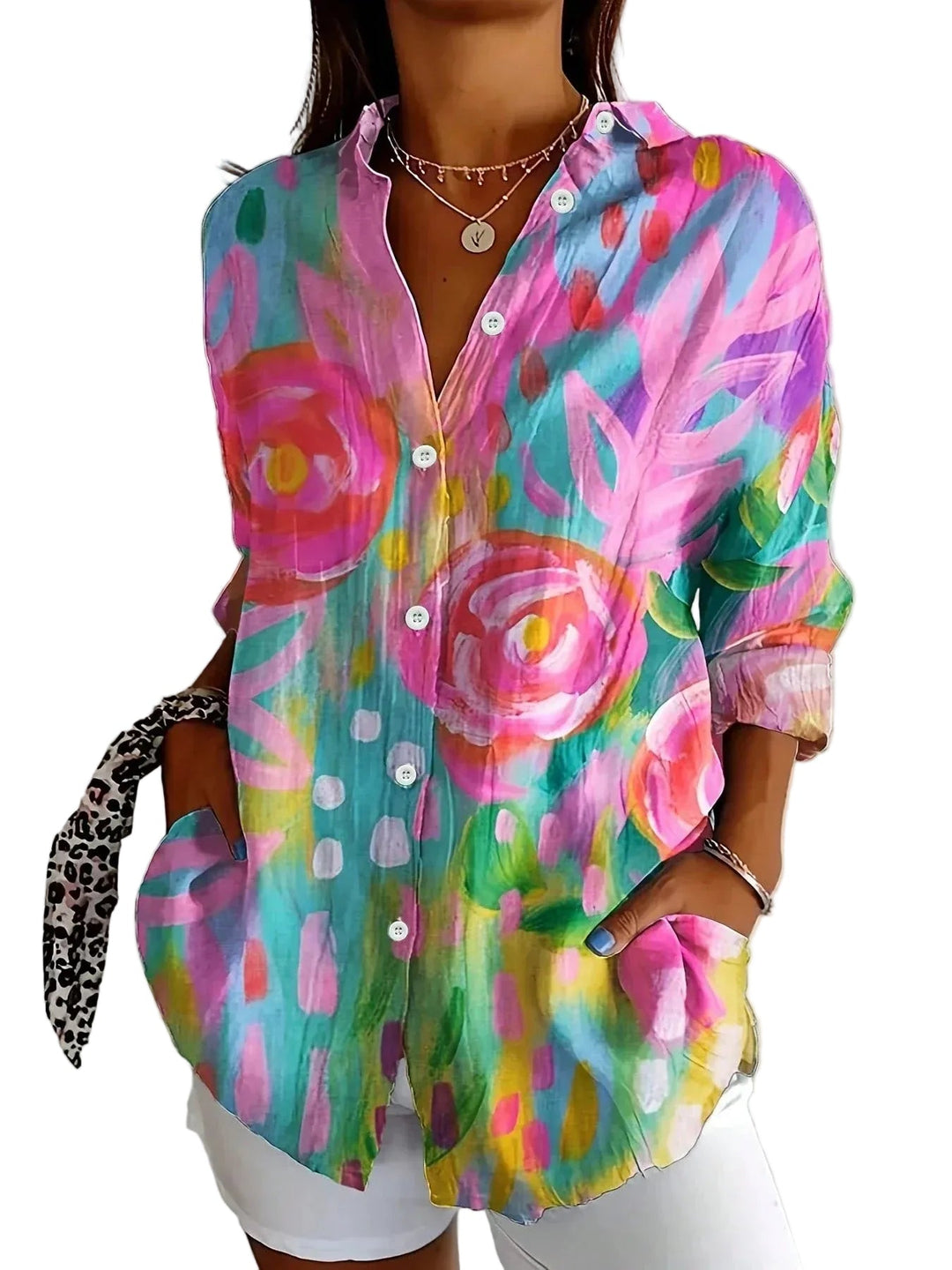 Damen Sommerbluse mit buntem Blumenmuster, locker geschnitten & leicht, ideal für Frühling/Sommer.