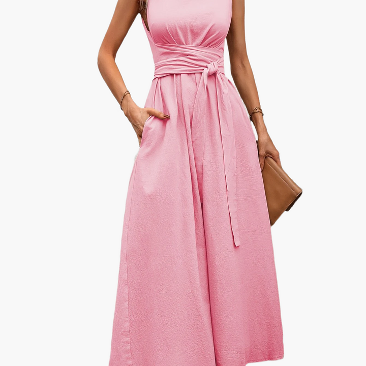 Bequemer Damen Jumpsuit ärmellos, mit Bindegürtel & weitem Bein, vielseitig tragbar.