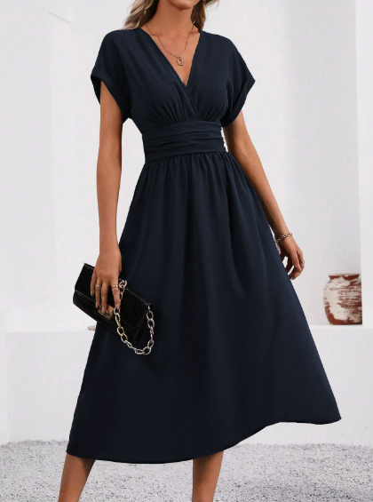 Elegantes Damen V-Ausschnitt Midikleid mit plissiertem Taillenbund, perfekt für Abend und Freizeit.