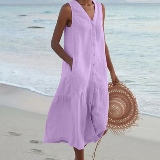 Lässiges Damen Sommer Maxikleid mit V-Ausschnitt und lockerer Passform. Bequemes ärmelloses Freizeitkleid für warme Tage.