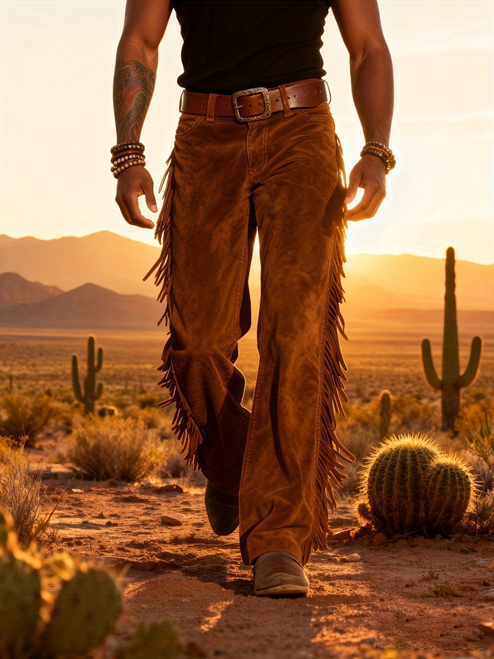 Stylische Herren Westernhose mit Fransen, Wildlederoptik für Freizeit und Alltag, lockere Passform.
