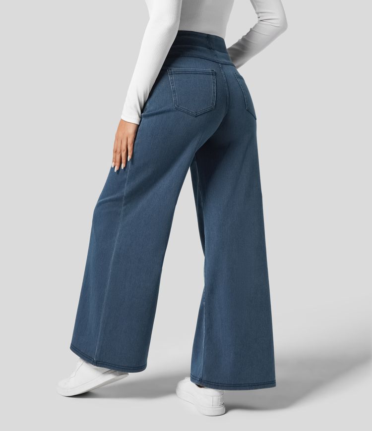 Hellblaue Damen Stretch Jeans, hoher Bund, bequem & vielseitig für Freizeit oder Büro.