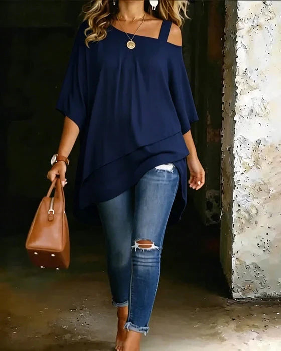 Elegante Damen Tunika mit fließendem asymmetrischem Schnitt & Cold Shoulder, bequemes Lagenlook Oberteil für Frühling/Sommer.