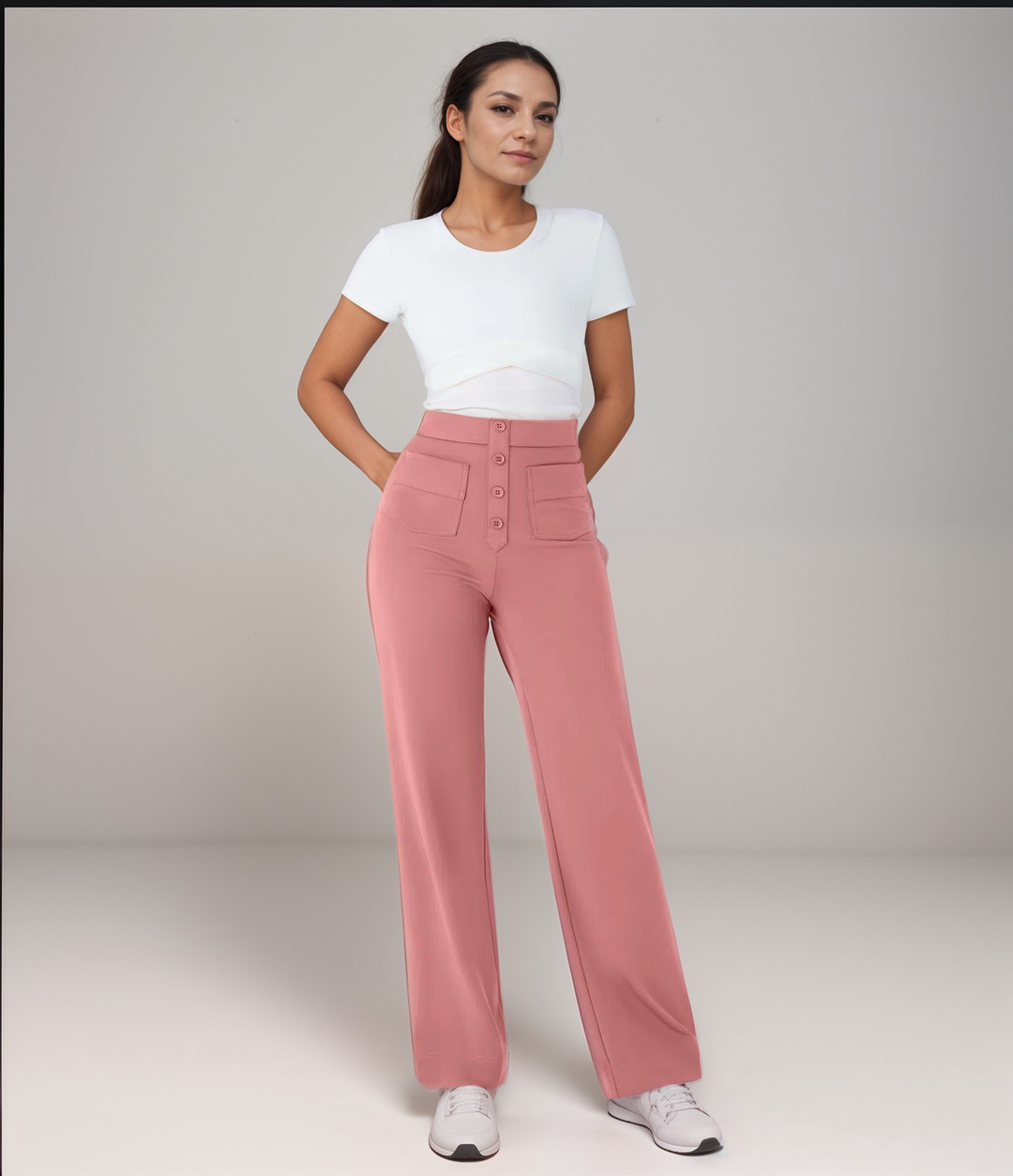 Stylische Damen Stretchhose, weites Bein, hohe Taille, formend, für elegante Looks.