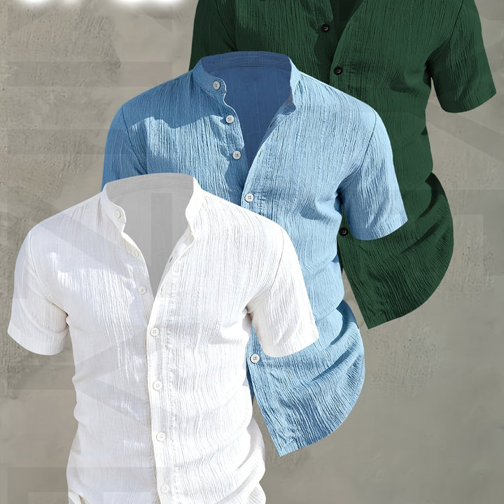 Herrenmode: 3er-Pack Stehkragenhemden, Kurzarm, modisch & luftig für Sommer-Casual-Outfits.