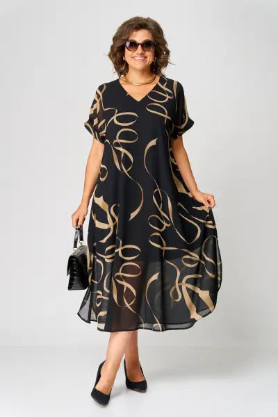 Elegantes schwarzes Damen Midikleid mit V-Ausschnitt und kurzen Ärmeln, perfekt für Sommer und Freizeit.