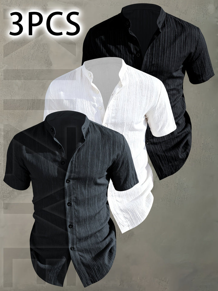 Herren Kurzarm Stehkragen Hemden im 3er-Pack für den Sommer; modisch & bequem.