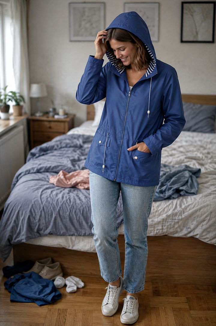 Damen Regenjacke Ute mit Kapuze, leicht & stilvoll, wasserabweisend für Outdoor & Freizeit.