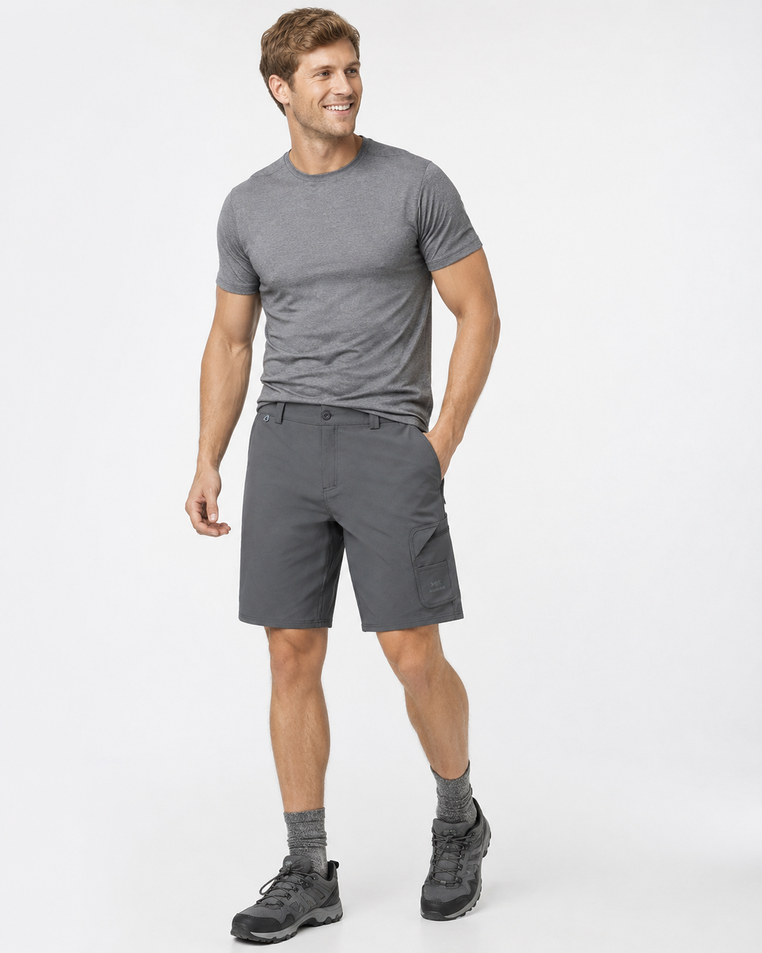 Graue Herren schnelltrocknende Cargo Shorts, bequem für Angeln, Outdoor und Freizeit.