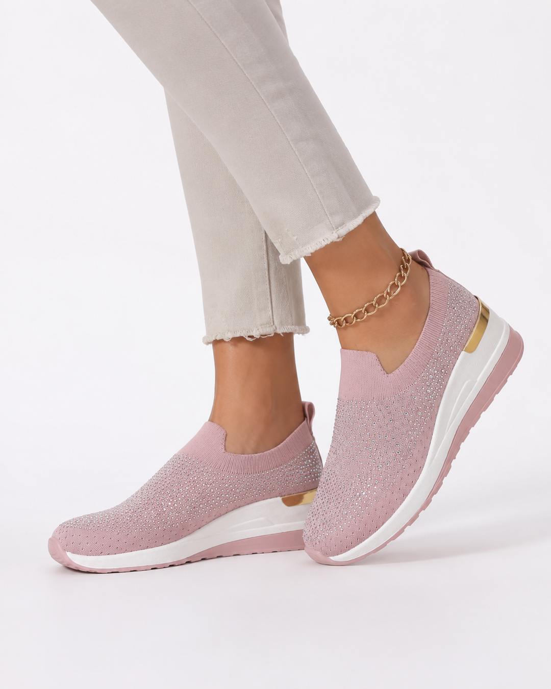 Seitliche Ansicht: modische Damen Strass Sneaker, leicht & atmungsaktiv. Idealer Freizeitschuh.