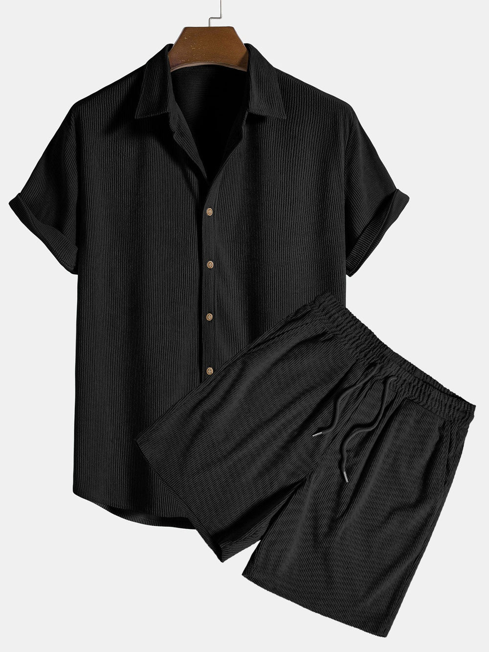 Schwarzes Herren Freizeit Zweiteiler: Leichtes, atmungsaktives Kurzarm Hemd & Hose für Casual Sommer.