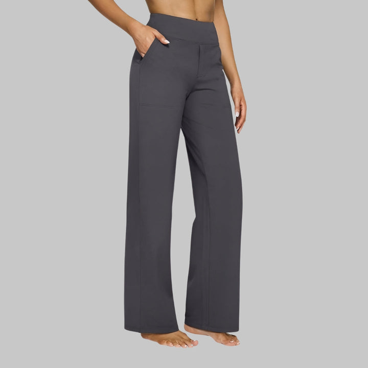 Vielseitige Damen Stretchhose mit hoher Taille und Seitentaschen, perfekt für legere und schicke Outfits.