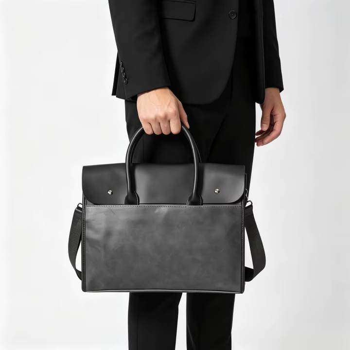 Robuste graue Leder Arbeitstasche für Herren, mit verstellbarem Schulterriemen, für Business und Reisen.