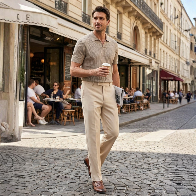 Komfortable Slim Fit Hose leger mit T-Shirt, ideal für Freizeit, Reisen und entspannte Tage.