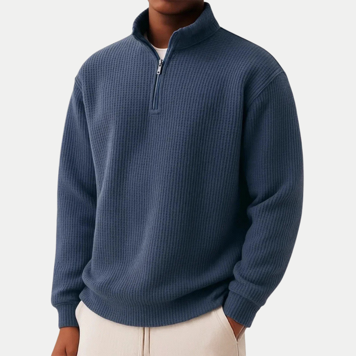 Komfortabler Herren Sweater, Langarm, mit Stehkragen und halbem Reißverschluss.