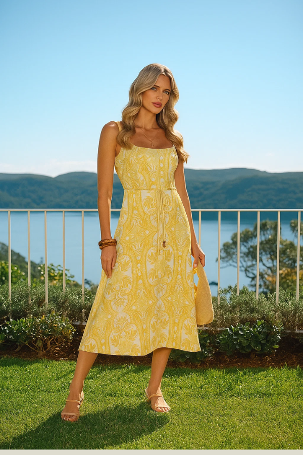 Ärmelloses gelbes A-Linien Maxikleid für Damen mit Blumenmuster und Bindegürtel. Modisches Sommerkleid mit Eleganz.