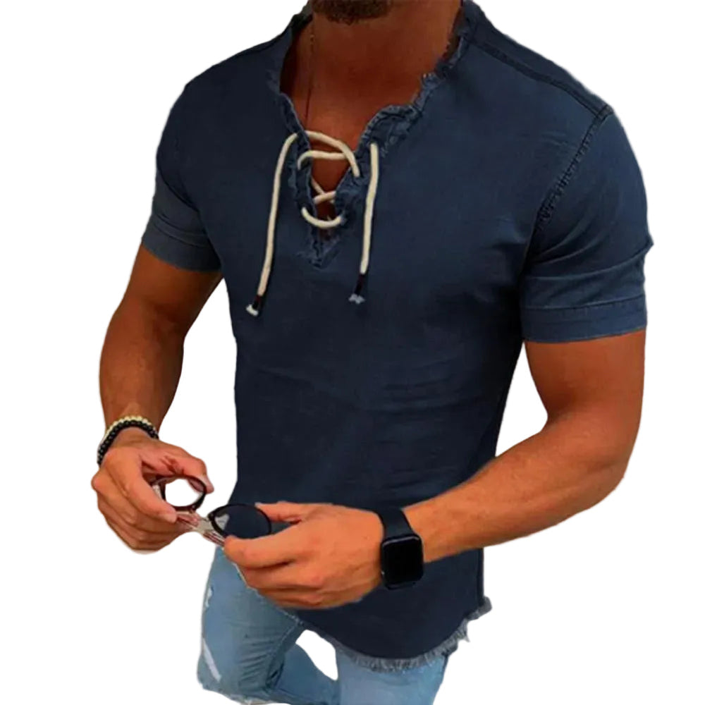 Lässiges Herren Kurzarmhemd mit Kordelzug, ideal für Sommer und Freizeit; modernes Design, bequeme Männer Mode.