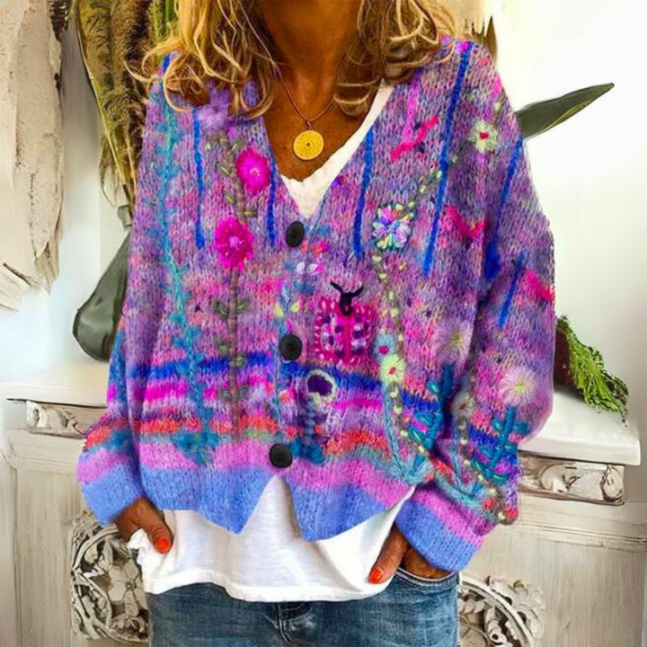 Damen Cardigan Hannah: farbenfroh, stilvoll und gemütlich. Lockere Bohème-Strickjacke mit Langarm für Damen.