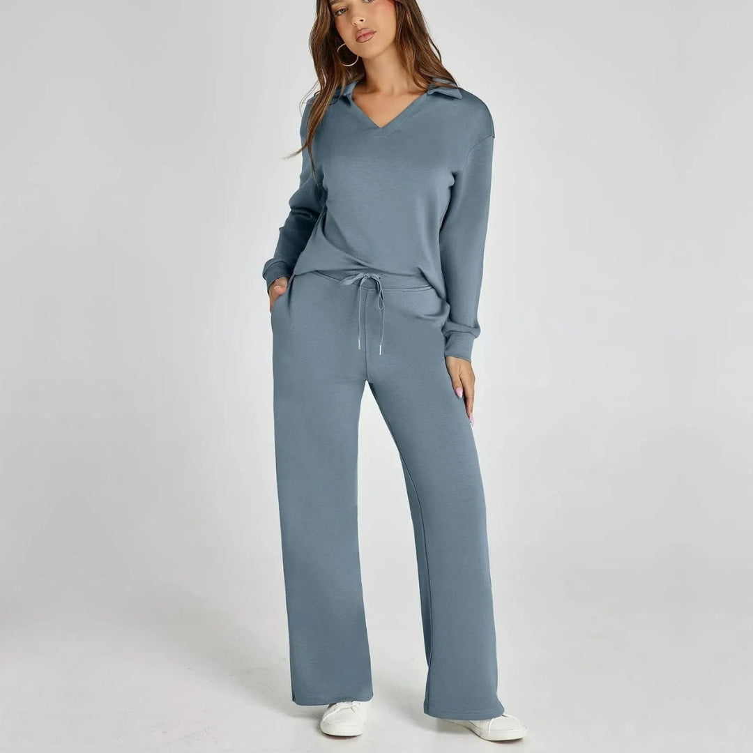 Damen Loungewear Set: Bequemer V-Ausschnitt Pullover & weite Hose für entspannte Freizeit.
