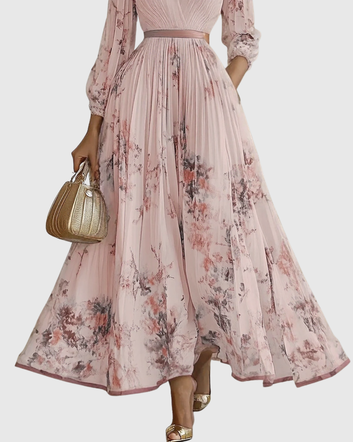 Festliches Damen Maxikleid, plissiert, mit floralem Muster, V-Ausschnitt und langen Ärmeln.