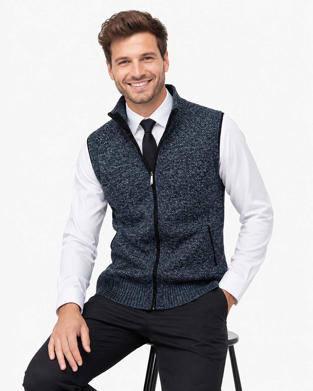 Elegante Herren Ärmelweste aus Wolle mit Samtfutter. Ideal für Büro oder Freizeit im Herbst.