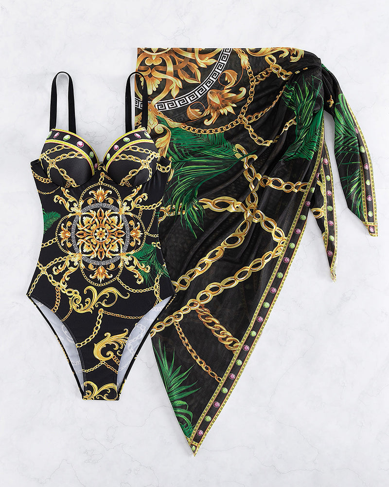Damen Badeanzug Einteiler mit Push-up-Effekt und fließender Strandschürze für den eleganten Strandlook.