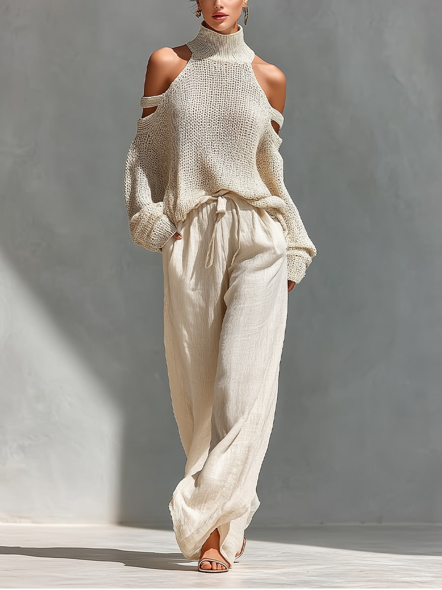 Elegantes Damen Zweiteiler Set: schulterfreies Oberteil & weite Hose. Ideal für Sommer, Freizeit oder festliche Anlässe.