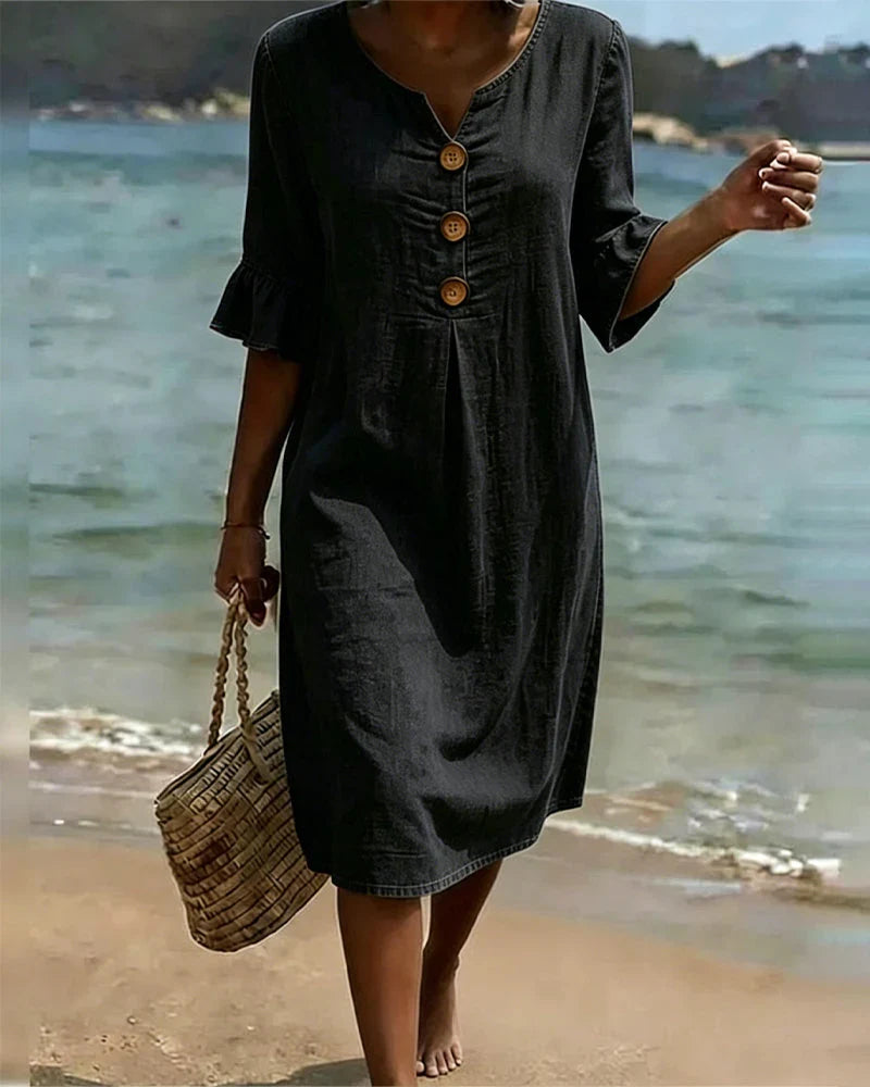 Stilvolles Damen Sommer Midikleid mit praktischer Knopfleiste und Halbarm. Vielseitiges, bequemes Kleid in Übergröße.