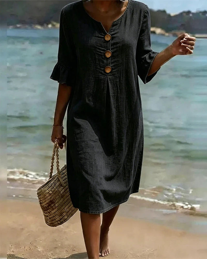 Stilvolles Damen Sommer Midikleid mit praktischer Knopfleiste und Halbarm. Vielseitiges, bequemes Kleid in Übergröße.