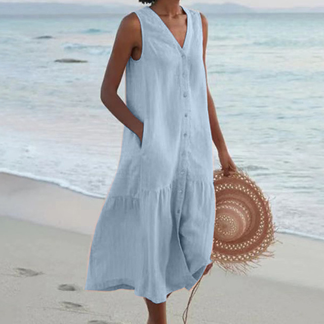 Lockeres, ärmelloses Damen Maxikleid für den Sommer. Bequemes Freizeitkleid mit V-Ausschnitt und fließendem Stoff.